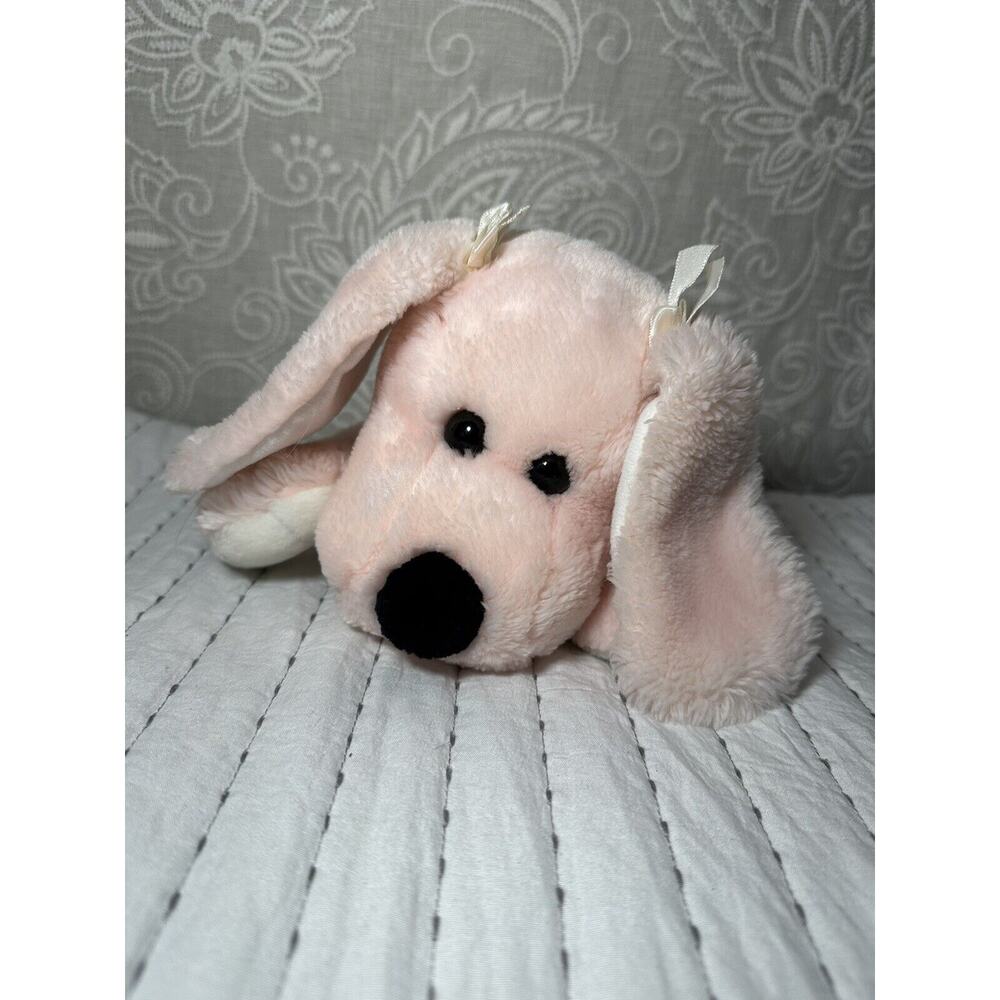 Jerry Elsner Pink Puppy Heart Paw Bow Floppy Vintage Stuffed Animal Dog Laying